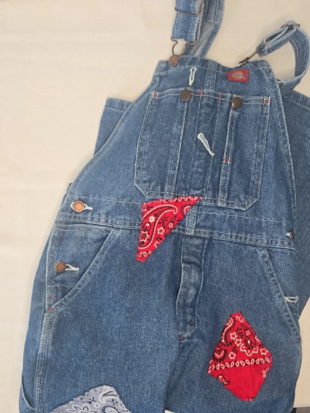 Dickies Light Blue Denim Bib Overalls with Red Logo Patch